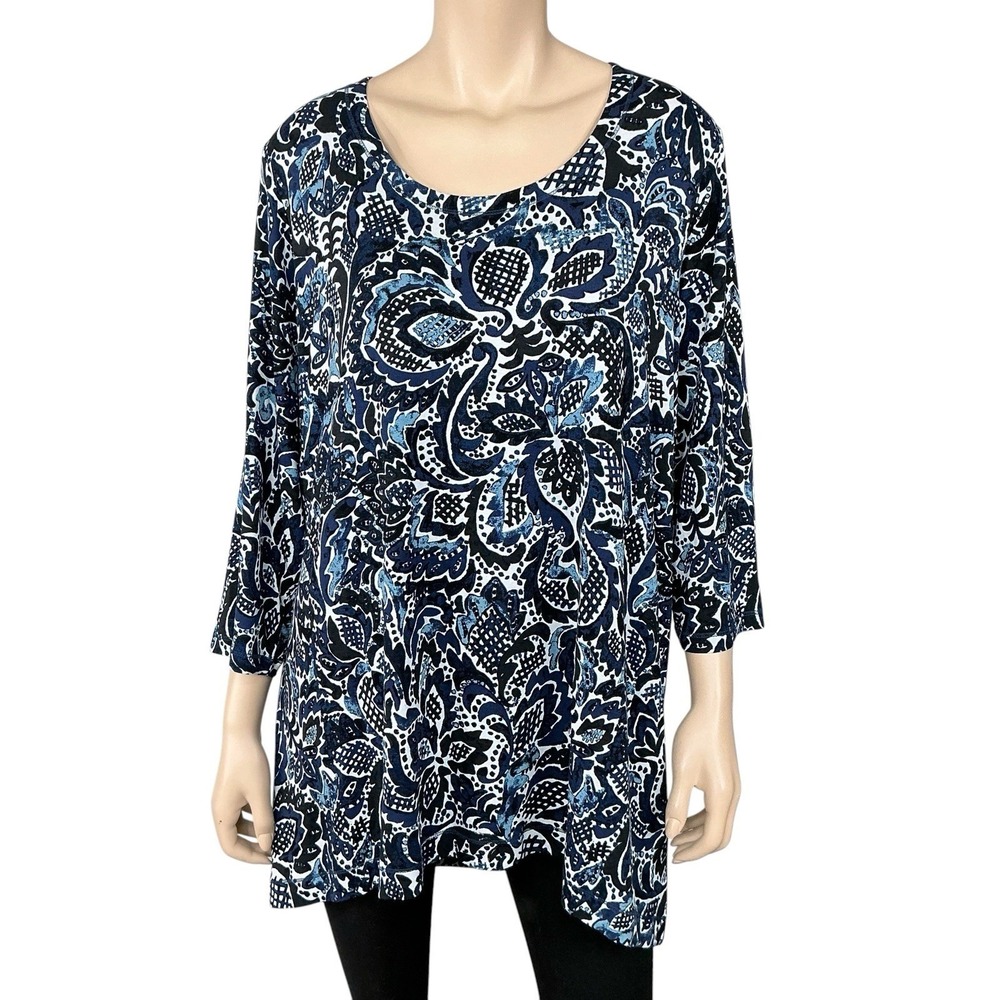 Sigrid Olsen Top Women 2X Blue White Paisley Print 3/4 Sleeve Knit Stretchy NWT